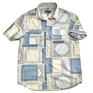 English Laundry Paisley Bandana Patchwork Blue White Short Sleeve Shirt Mens M